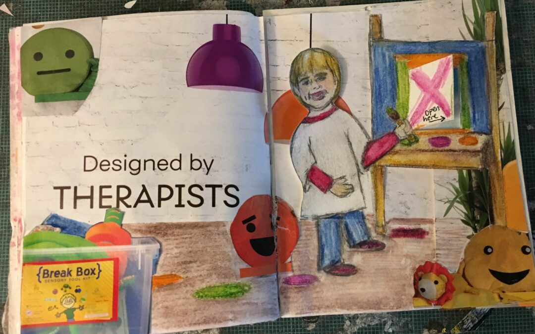 drawing and collage of a child at an easel, words read "designed by therapists." smiley faces and toys in collage.