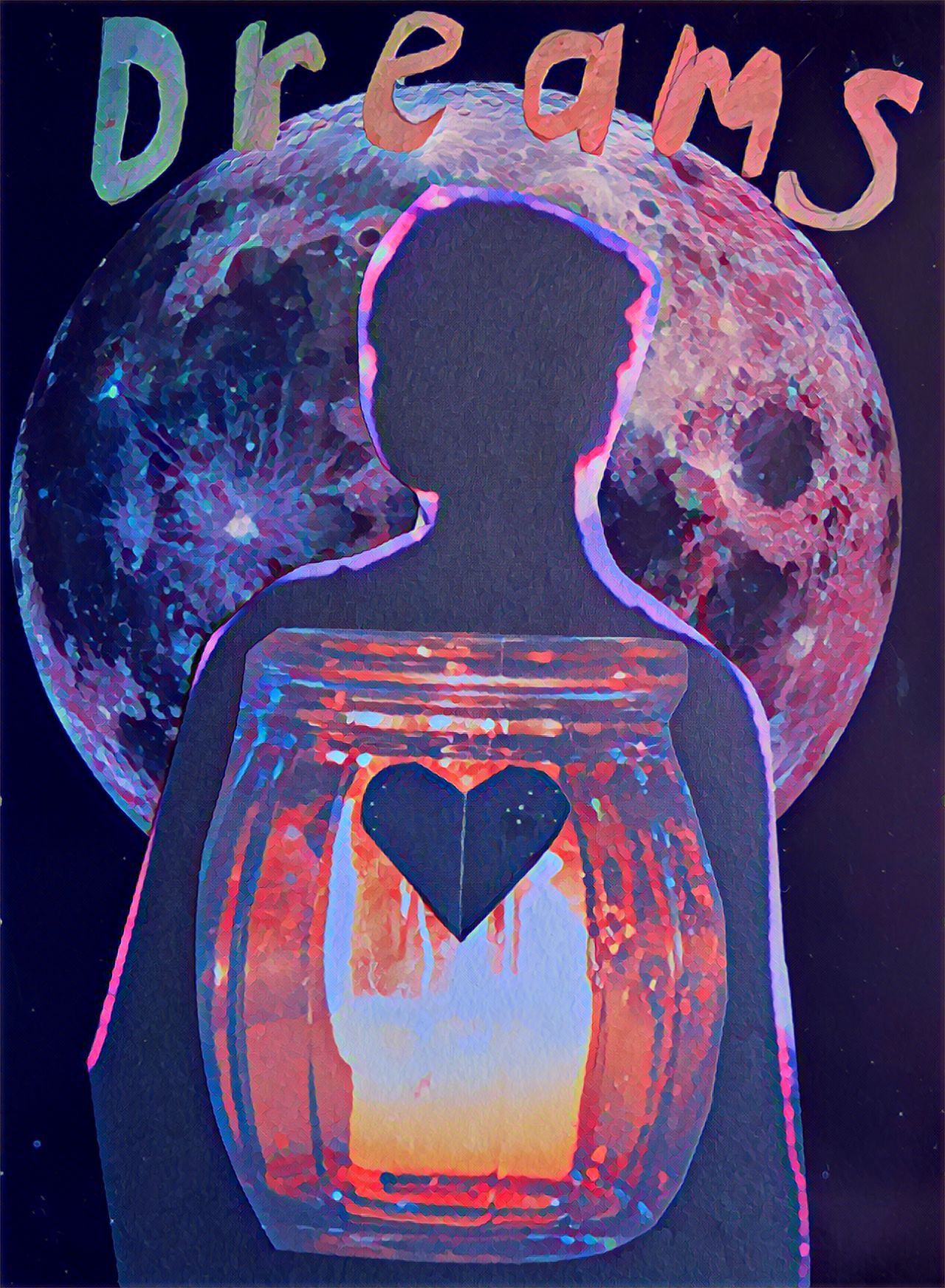 collage of silhouette of woman in front of moon, words dreams and a jar candle with a heart in front of her.  dream interpretation the study and analysis of dreams