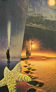 Art collage featuring person holding flashlight pointed upward | Depth Psychotherapy Ohio