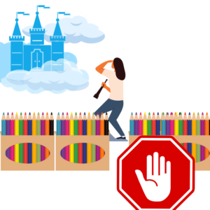 graphic showing a woman facing away from viewer, searching for a castle floating in the sign. Stop sign with hand raised in front of a fence made of colored pencils.