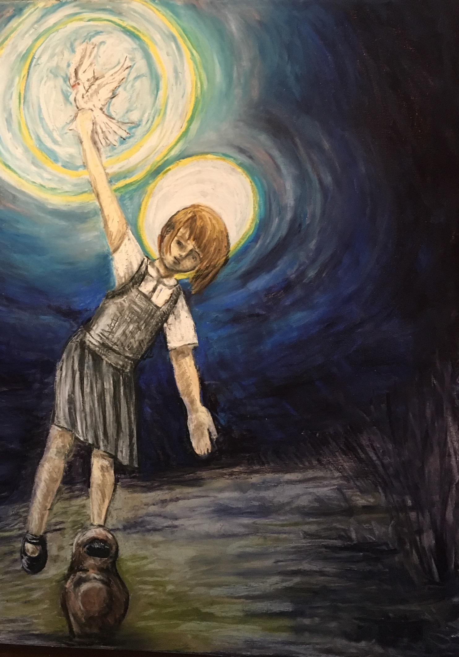 pastel drawing of a girl with jumper holding a dove. she looks down bending over. One foot it hooked into a lead weight