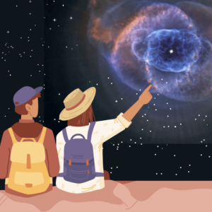 two people sitting together looking at the night sky with one person pointing to a nebula in the sky, a metaphor for finding spiritual answers through depth therapy going beyond the medical model