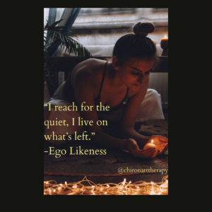 woman on couch in soft lighting leaning over a candle and looking content.  words read "I reach for the quiet, I live on what's left." Ego Likeness