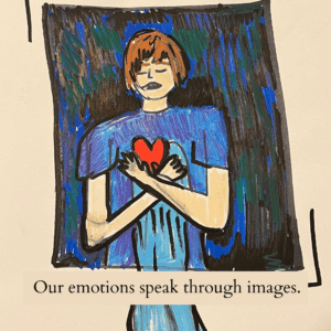 Marker drawing of a woman with eyes closed, holding her heart with both hands. Water flows gently from the heart, symbolizing emotional release and the connection between feeling and embodiment.