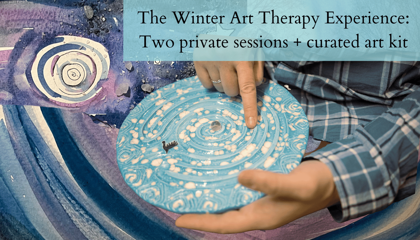 Maggi Colwell holding a blue watercolor finger mandala during the Winter Art Therapy Experience, a seasonal offering with two private art therapy sessions and a luxury art kit.