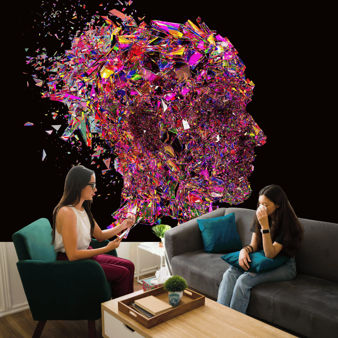trauma can leave us feeling frozen and shattered like the image of a face made of broken glass, but trauma therapy between two people sitting together and processing can help.